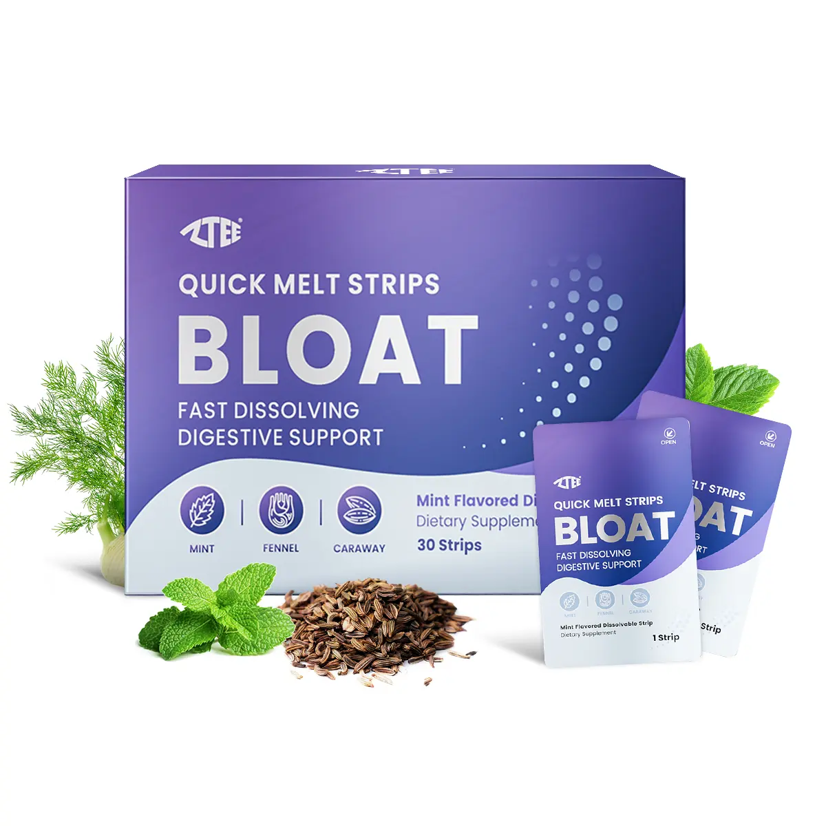 QUICK MELT Bloating Relief Sugar-Free Strips for Digestive Support Portable | Amla Fennel Caraway Peppermint | Supports Digestive System Eases Bloating | Sugar-Free Vegan 15 Strips per Pack