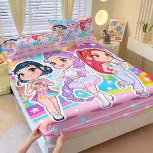 K-Pop Anime Girl Group Fitted Sheet Set, 1 Fitted Sheet & 2 Coreless Pillowcases, Printed Bedding Set, Rainbow Amusement Park and Cute Dressed-up Girls, Soft Breathable Fabric Bedding, Perfect Gift or Bedroom Decor