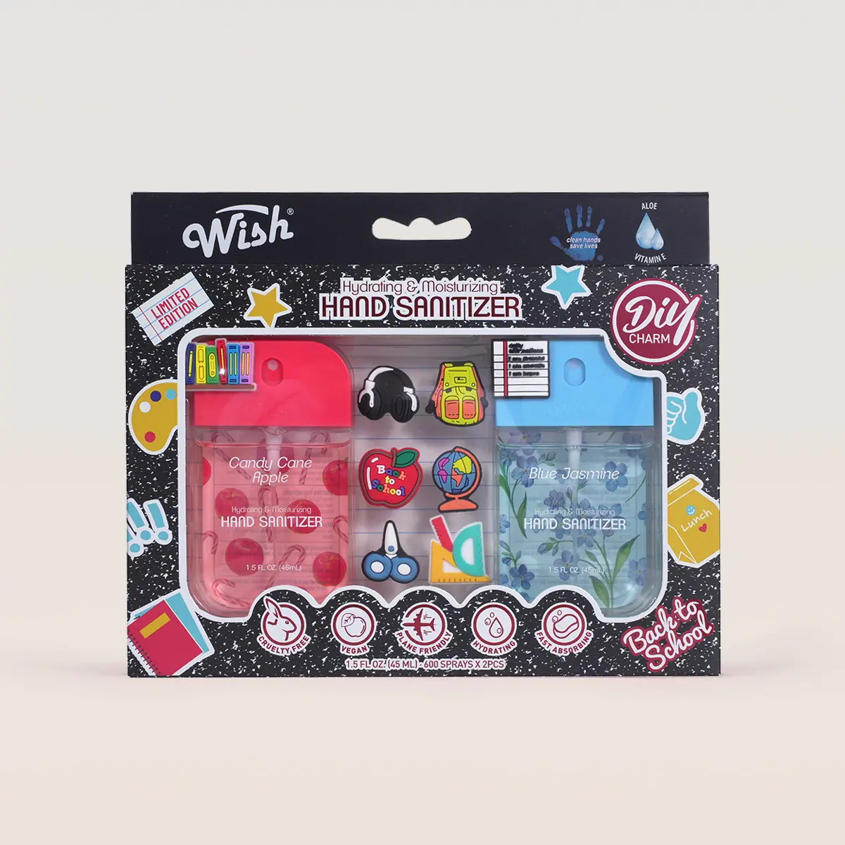 Back to School Limited Edition Wish Care Hand Sanitizer Spray Gift Box | Candy Cane Apple & Blue Jasmine Scented | Hydrating Pocket Travel Spray with Aloe, Vitamin E & Cute Student DIY Charms | Kids Backpack Accessory & Classroom Daily Essential