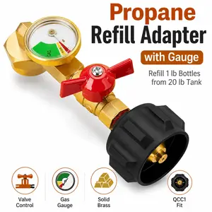 Propane Refill Adapter with Valve & Gauge, QCC1 Type 1 Connector for 20lb Tank to Compatible 1lb Propane Cylinder, Camping Grill BBQ Accessory