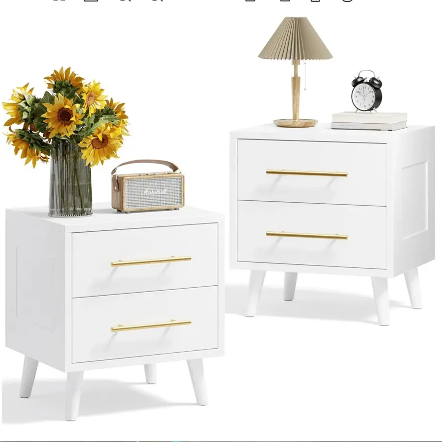 2-Piece Chinese Classic Plastic Nightstand Set - MDF, 2-Drawer Indoor Bedroom Bedside Tables with Metal Handles, Storage, Easy Setup, Assembly Required, New Chinese