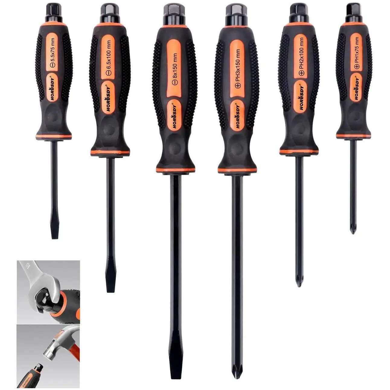 HORUSDY 6-Pieces Magnetic Screwdriver Set, 3 Phillips and 3 Flat Head Tips Screwdriver for Fastening, Chiselling and Loosening Seized Screws (New Scre