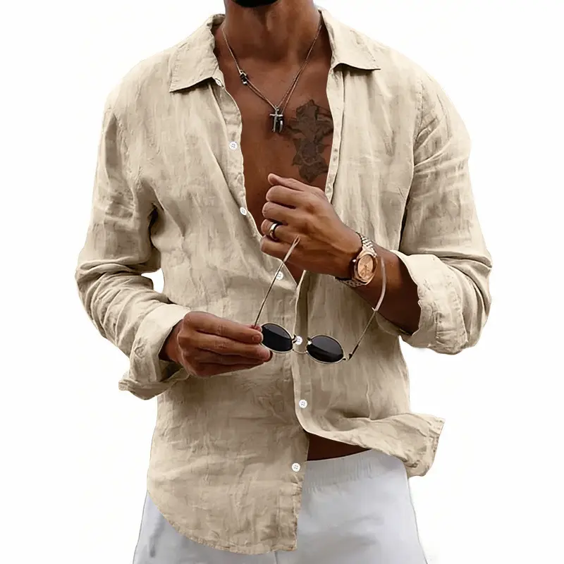 Men's Linen Cotton Blend Button Down Shirt, Long Sleeve Casual Summer Beach Shirts for Men