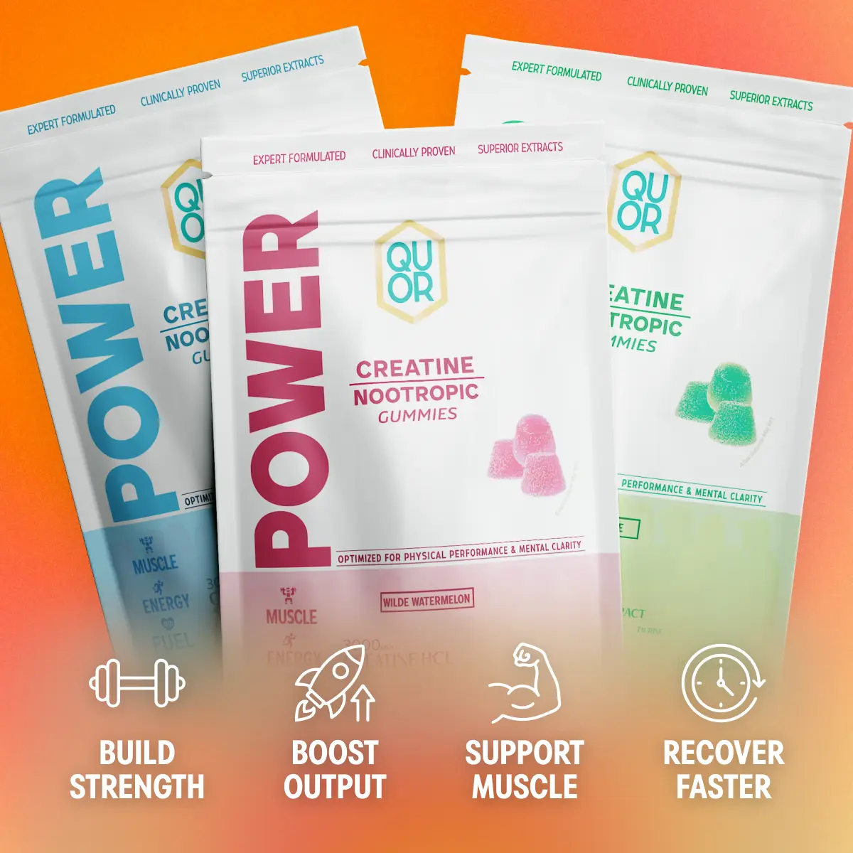 QUOR Power Creatine HCl Gummies | High-Performance Pre-Workout Vegan Nootropic Stack for Men & Women with Alpha GPC, Reishi & NALT | Supports Muscle Strength & Endurance, 60 ct