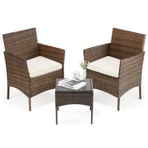 3 Piece Patio Furniture Set – Outdoor Wicker Chair Set with 2 Chairs & Coffee Table, All-Weather Rattan Seating with Washable Cushions, Black/Brown