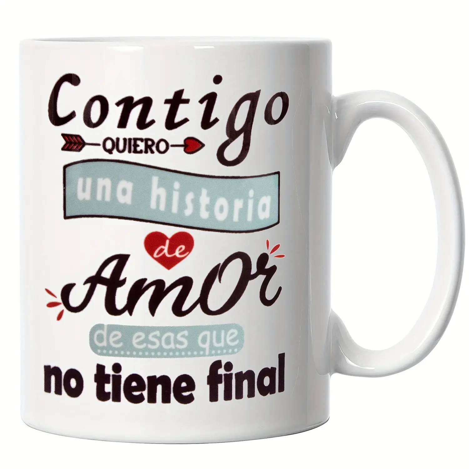 [Made in US] 11oz Classic Ceramic Coffee & Tea Mug with Handle - Romantic Non-Customised Valentine’s Letters "Contigo Quiero Una Historia De Amor", Heat-Resistant Durable Cup, Perfect Gift for Home-Office Use