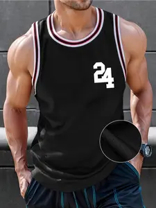 Men's Spring Summer College Sports Team Number 24 Solid Color Patchwork Round Neck Fashion Print Sleeveless Casual Sports Top Basketball Vest