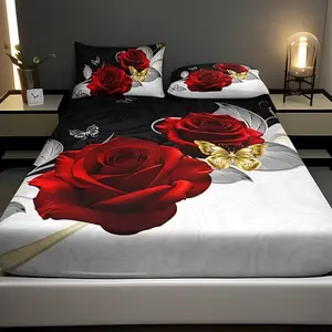 Luxurious Style 3pcs Rose Floral Pattern Bedding Set, High-Definition Digital Print, 100% Polyester, All Seasons, Decorative Bedsheet Sets, Decorative Bedding Set, Bedroom Bedding Set, Bed Sheets Set