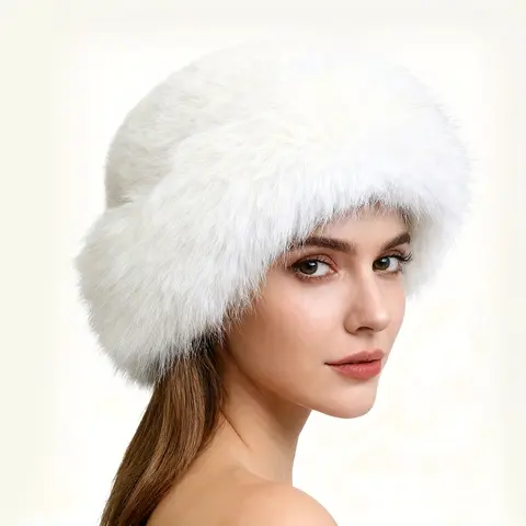Women's Thick High-Quality Polyester Faux Fur Bucket Hat - Animal-Friendly Exterior, Quick Pull-On Warm Cap for Adult Outdoor Riding, Anniversary Gift Option
