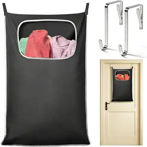 Household daily necessities Over the Door Laundry Hamper, Hanging Laundry Hamper Bag with Wide Opening and Full-Length Zipper, Easy Storage & Access, Space Saving for Bathroom, Bedroom, Dorm, Travel (Black)