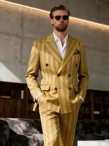 Men's Double Breasted Suit 2-Piece Set - Long Sleeve Striped Peak Lapel Groom Tuxedo Style Formal Wear Jacket & Matching Pants for Weddings, Business, Prom
