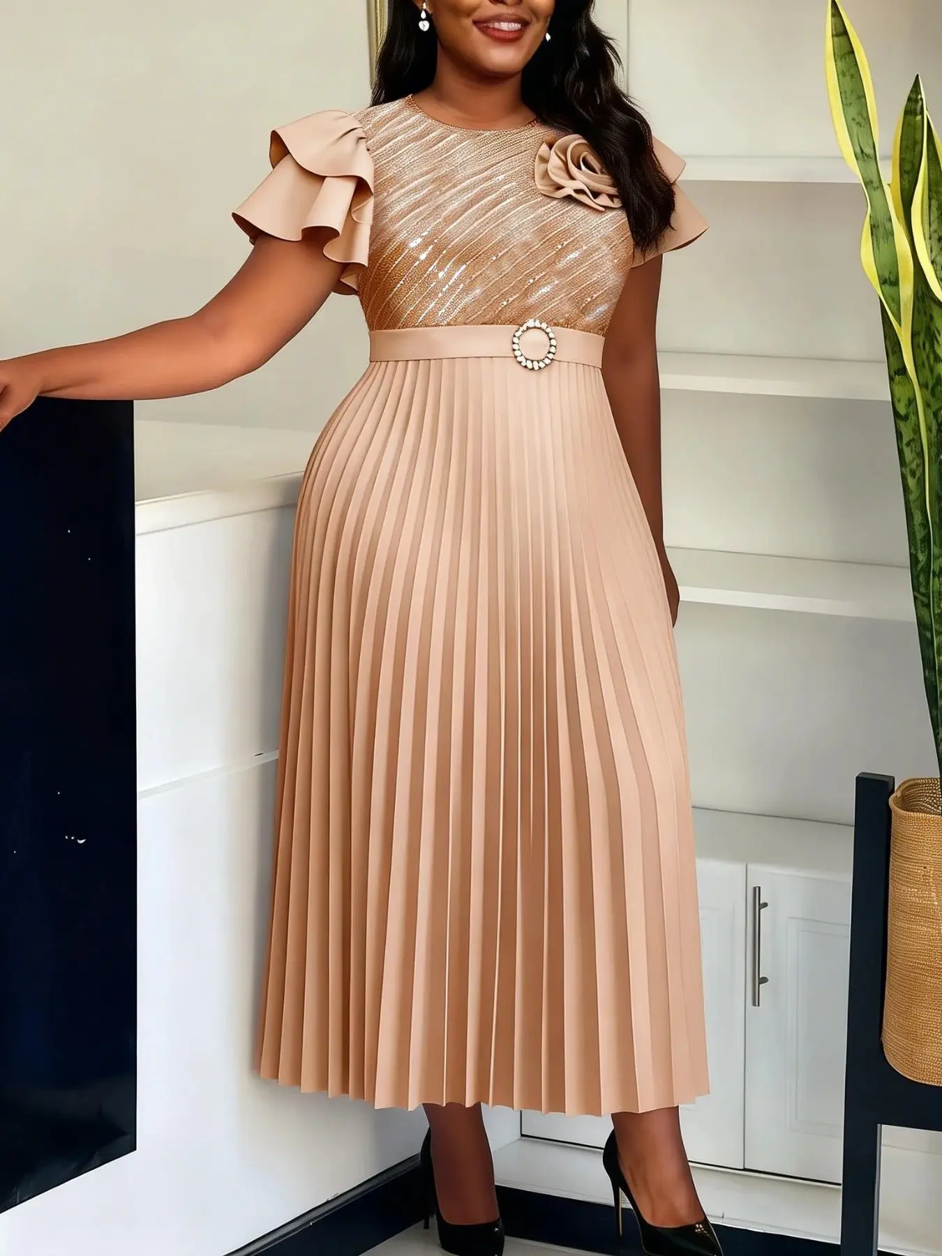 Elegant Feminine Women A Line Floral Dress Formal O Neck Round Neck Ruffles Sleeves Sequin 3D Flower Pleated Hem Waist Cinching Party Church Wedding Guest Events Wear
