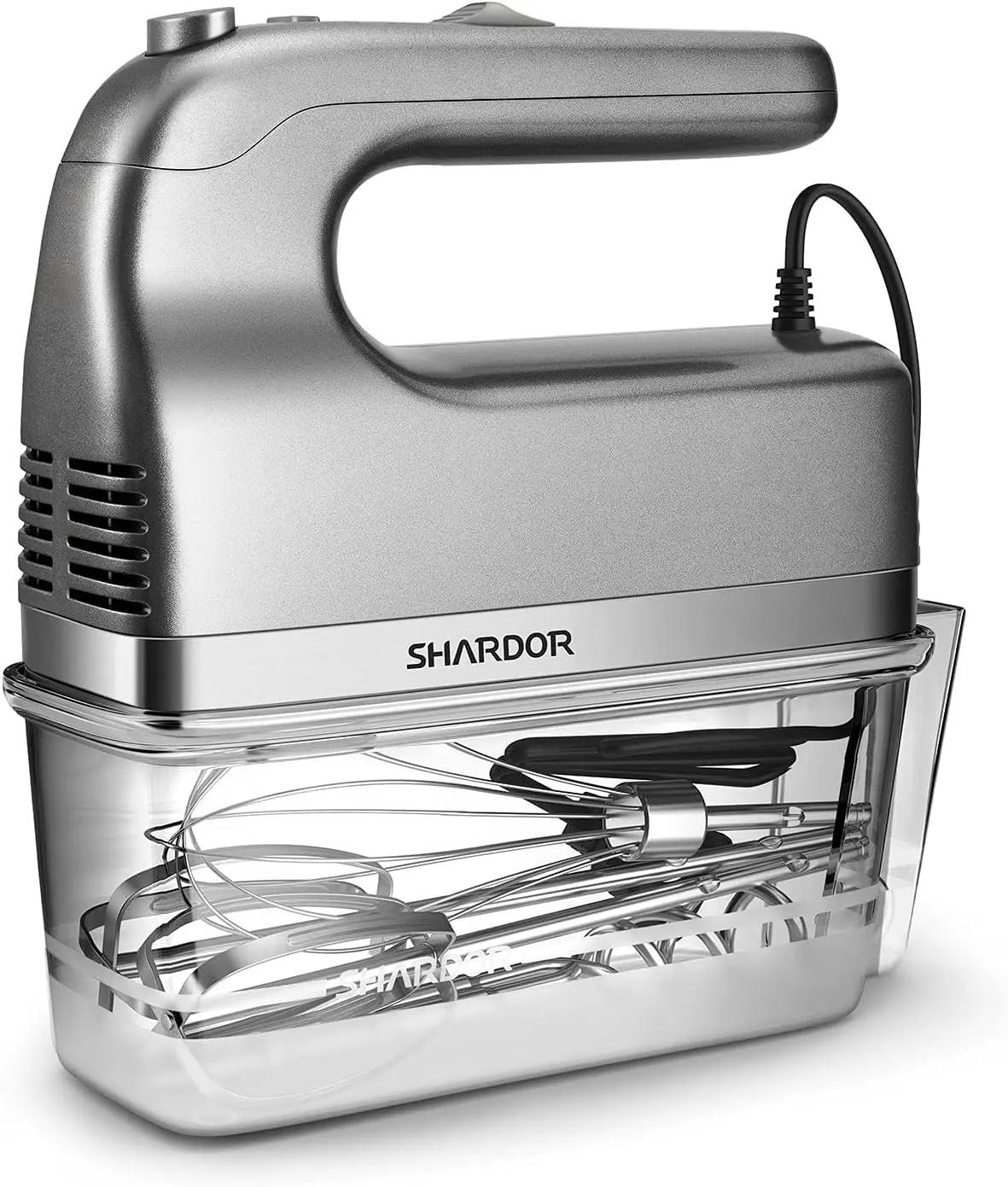 SHARDOR Hand Mixer, 350W Handheld Mixer with Storage Case 5-Speed Plus Turbo Hand Mixer Electric With 5 Stainless Steel Attachments(2 Beaters, 2 Dough Hooks and 1 Whisk), SilverSummerVibes