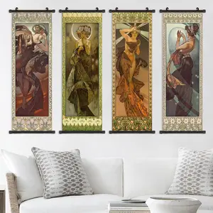 Vintage Character Pattern Wall Art Artwork, 4 Counts/set Canvas Hanging Banner, Art Wall Decoration for Home Living Room Bedroom Study Room Office
