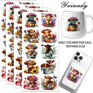 40Pcs/set Highland Cattle In The Flowers Iron On Stickers For Cup Be Waterproof UV DTF Printable Vinyl Paper Fun Designs Durable Construction Long-Lasting Adhesion Must-Have For Craft Enthusiasts Cups Mugs Sticker Sold Only Sticker Not Cup