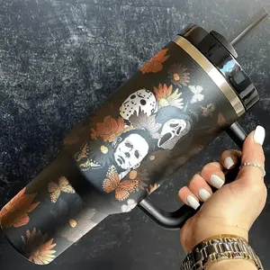 Essential Horror Icons 40oz Fall Tumbler Collection Spooky Slasher Floral Cup with Handle & Straw Insulated Hot & Cold Drinkware for Autumn - In Stock