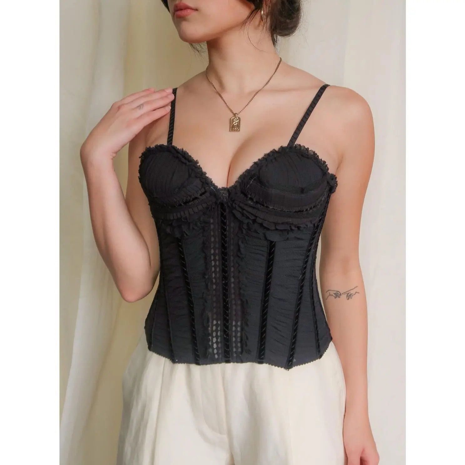 COUTURE ELIE TAHARI SILK FEATHERED CORSET IN BLACK - (MEDIUM)