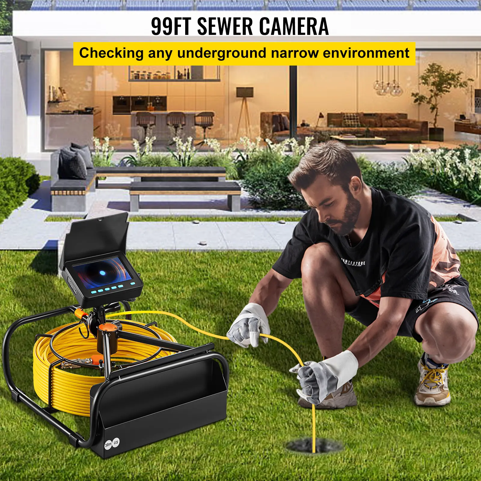 【summerfinds】VEVOR Sewer Camera Monitor, 4.3 in Color Handheld LCD Pipe Drain Inspection Borescope, 98.4 ft/30m Rechargeable Cable, DVR Function, LED Lights, IP68 Waterproof, 16 GB Micro SD Card, for Home Plumbing, Wall Ducts (Father's Day Gift)