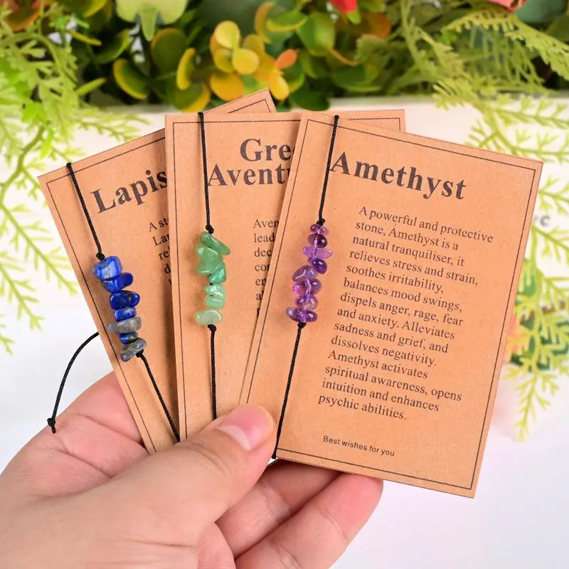 Adjustable Natural Gemstone Chip Bracelet with Gemstone Info Card, Minimalist Raw Crystal Cord Jewelry, Boho Stackable Wristband, Unique Mineral Gift for Women, Teens & Crystal Lovers
