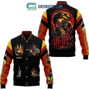 Mortal Kombat Varsity Jacket, Get Over Here Graphic Design, Classic Gamer Streetwear Style, Trendy Unisex Outfit Gift