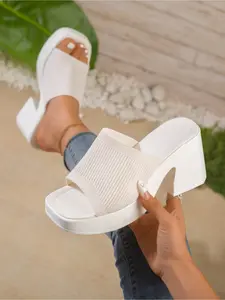 Instant Height Boost! Knit Chunky Heel Slides | Waterproof Platform Sandals for Women