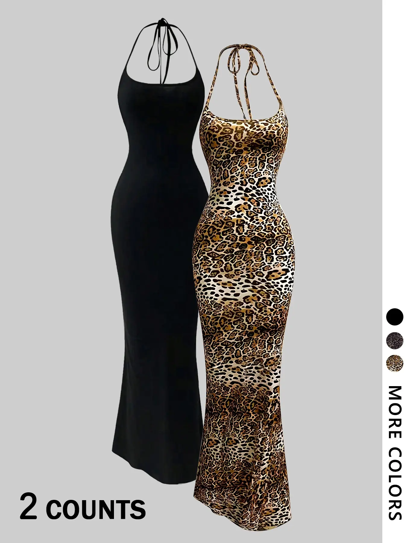 Women's 2-piece halter neck Bodycon fitted fishtail maxi dress set, Womenswear, Y2K sleeveless evening gown (including leopard print version), trendy and sexy street style, suitable for evening outings and formal occasions.