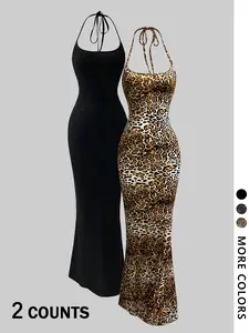 Women's 2-piece halter neck Bodycon fitted fishtail maxi dress set, Y2K sleeveless evening gown (including leopard print version), trendy and sexy street style, suitable for evening outings and formal occasions.