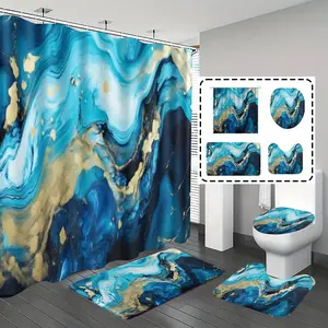 [Popular Choice]1pc/4pcs, bathroom curtains shower, bathroom set, shower curtains, bathroom rug, home decoration, bathroom mat, Bathroom Mat, blue marble pattern, simple and luxurious theme decoration, bathroom set, with 12 hooks, Shower Curtain Sets