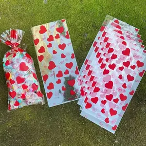 50pcs Heart Love Print Gift Packaging Flat Pouches, Buckle, Valentine's Day Transparent Opp Bag, Couple Party Decorations, Gift Wrapping Supplies