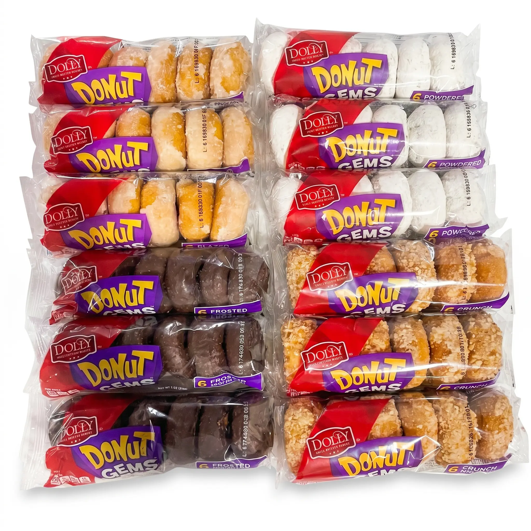 Dolly Madison Donut Gems Variety Pack, 12 Assorted Mini Donut Sleeves, Powdered, Glazed, Chocolate Frosted & Crunch casual snack