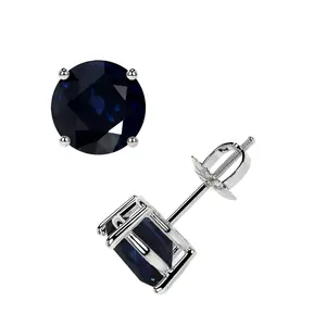 Classic Four Prong Round Blue Sapphire Stud Earrings (2.10cttw)- EBS001-6X6-A