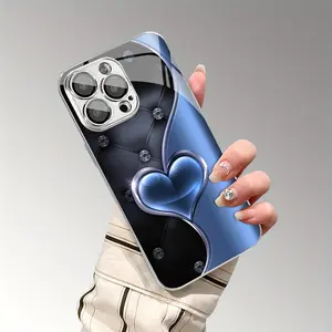 Blue Heart Rhinestone Luxury Phone Case for iPhone 11-16 Series, Anti-Drop Full Protection, Fashionable Design, Trendy Accessory