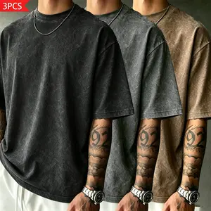 Men's 3-Pack Stylish Vintage Distressed Round Neck Short-Sleeve Tees, High-Street Washed Finish, Loose Casual Heavyweight Oversized Streetwear Tops, Blue & Multiple Colors, Suitable for Spring/Summer