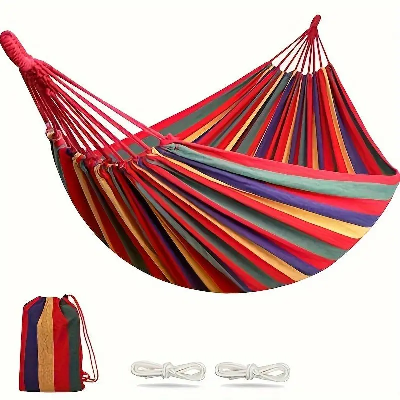 102.36×59.06 Inch Striped Canvas Double Hammock, 330 LBS Load Capacity with Hanging Ropes & Storage Bag, Folding Portable Hammocks for Camping, Backyard, Patio Outdoor Furniture