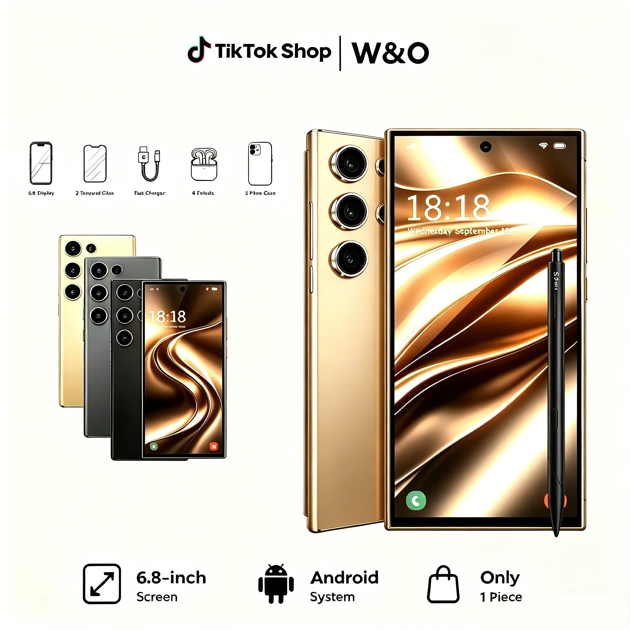 W&O Budget Android Smartphone 6.8 Inch Big Screen 12GB+512GB 6800mAh Battery 12MP 50MP Camera Dual SIM Unlocked Phone with Free Earbuds Phone Case 2Pcs Screen Protector Fast Charger & Stylus Pen