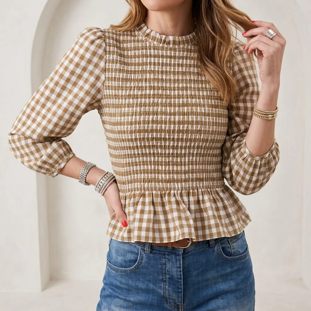 PHEFEE Women's Viscose Plaid Smocked Peplum Blouse - Chic 3/4 Puff Sleeve, Mock Neck, Ruffle Trim, Flared Hem, Everyday Casual Cottagecore Gingham Top, Fabric, Feminine