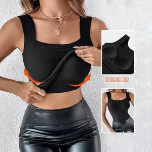 CHICME ContourX Built-in Bra Tank Tops U Neck Camisole High Strechy Seamless Women Going Out Tops Everyday Basic Tanks Padded Tops
