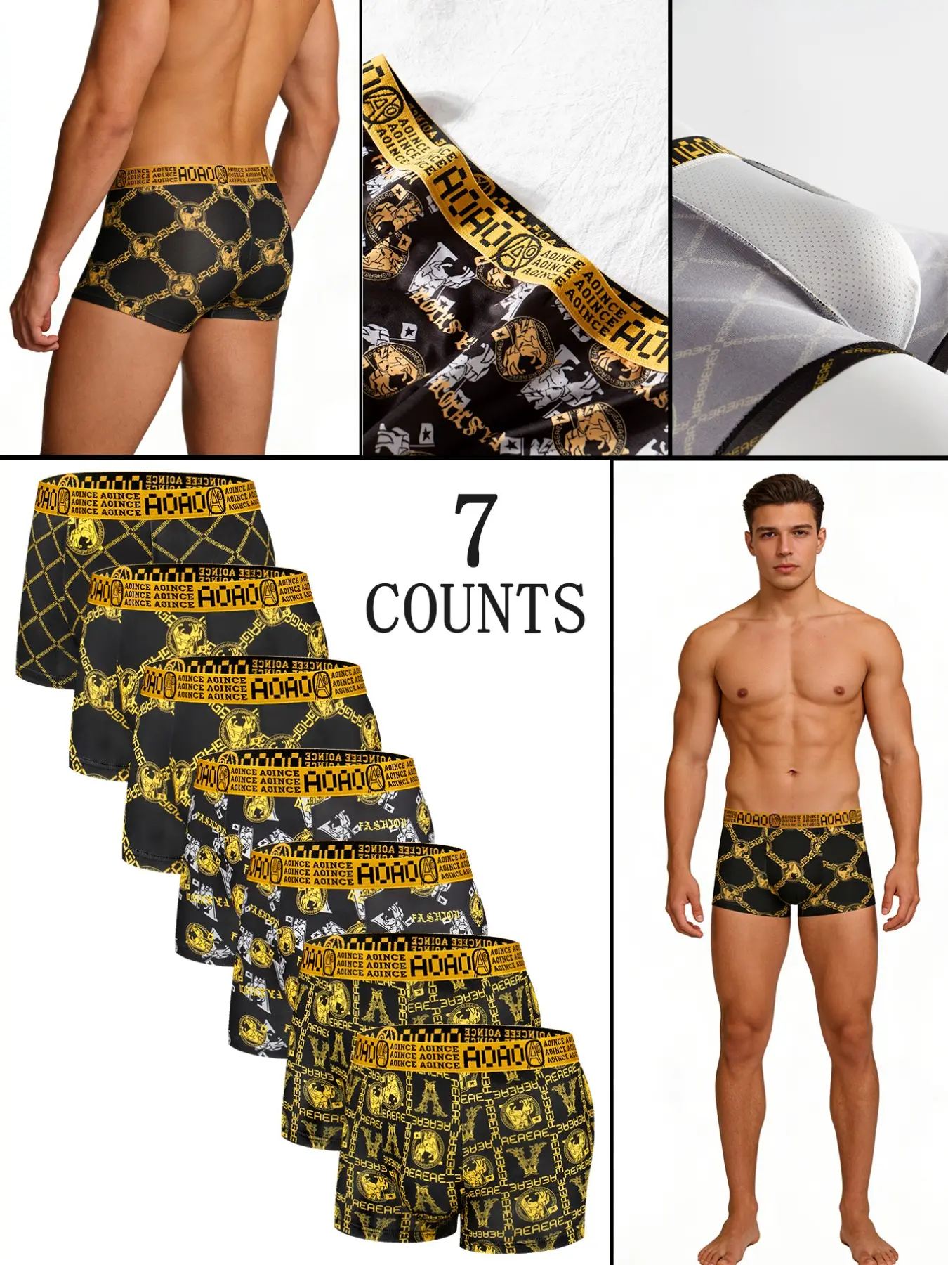 7pcs black gold chain printed men's underwear, Undergarments, light and thin, comfortable, breathable, elastic waistband, fast drying sports underwear, four seasons home leisure, Boxer Briefs Set