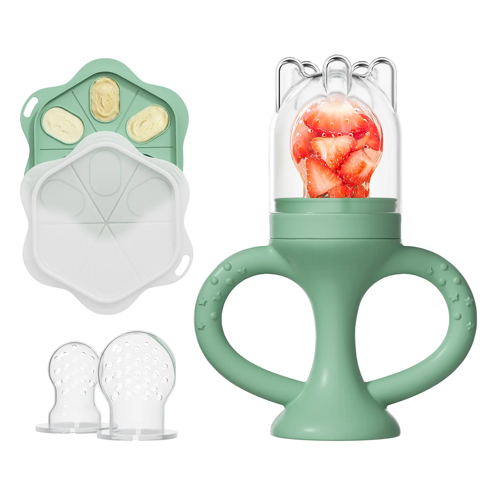 Papablic Smile Silicone Baby Fruit Food Feeder Set - BPA-Free, 1 Feeder, 3 Pouches, Dual Textured Grips, Breastmilk Popsicle Mold, Cap for Travel, Teething Relief & Self-Feed Tool, Portable Infant Essential for 4-12 Months