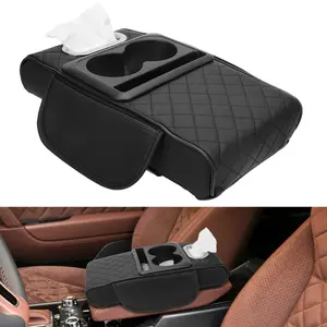 Arm Rest Cover for Car, Microfiber Leather Car Center Console Cover with 2 Storage Bags, 2 Cup Holders and a Tissue Box, Universal Car Console Covers Accessories