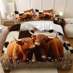 Bedding Set - 3pcs Brown and white patchwork background with cow design down comforter set (1 duvet cover + 2 pillowcases, filling not included) A gift for family and friends, soft and comfortable, suitable for family bedrooms and guest rooms.