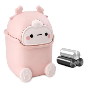 SURUIHK 5L Plastic Cartoon Animal-Shaped Wastebasket, Blush Pink Silent Swing-Top Lid Cute Vanity Bin, Durable Easy-Clean Home Cleaning Supply for Kitchen, Ideal Small Gift Option