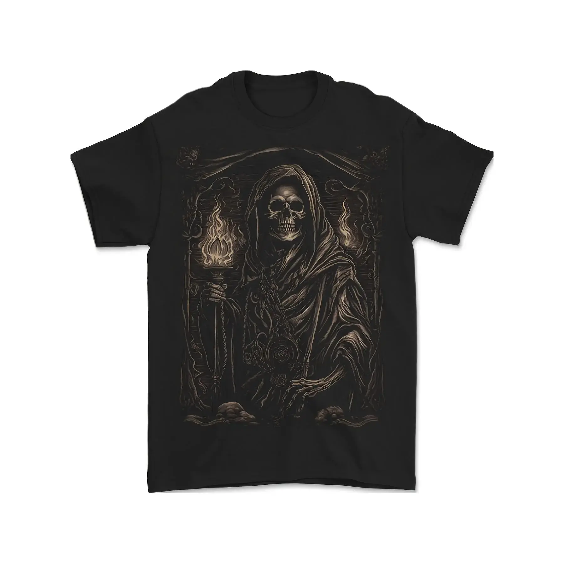 Men's Gothic Grim Reaper Graphic T-Shirt, Short Sleeve Cotton Blend Streetwear Top with a Heavy Metal Style Round Neck, Tee, Gift For Him, Simple, Dark Aesthetic, Jeans, Classic Crew, Fitted Cut, Print, Preppy