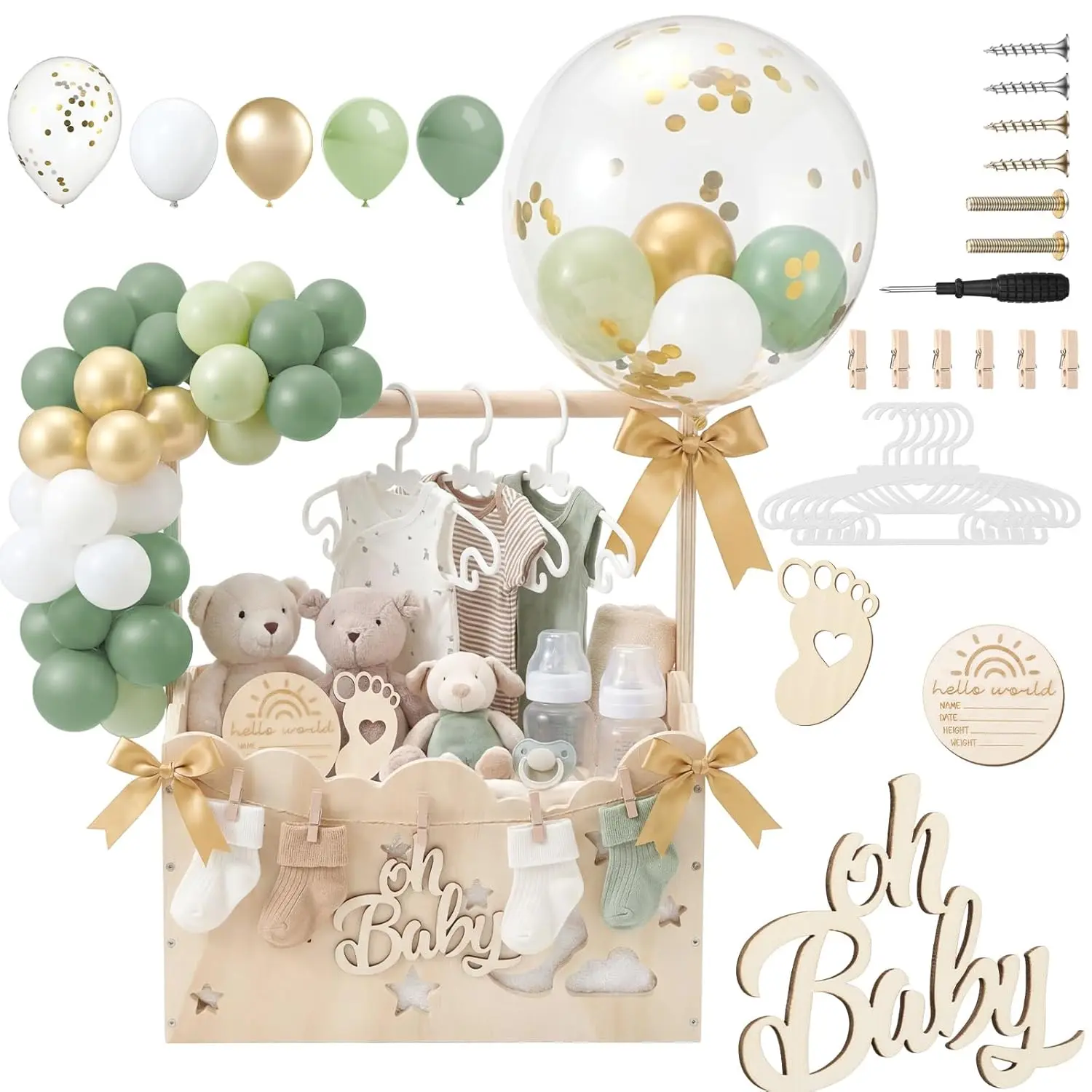 Wooden Baby Shower Crate Closet with Handle and Balloons Large Capacity Baby Shower Basket Welcome Gifts Box Gifts Easy Assembly Baskets for Parents(Green,Hollow)