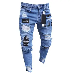 Men’s Ripped Skinny Jeans | Eat Chicken Cartoon Patch Distressed Denim Pants, Streetwear Hip Hop Slim Fit Jeans
