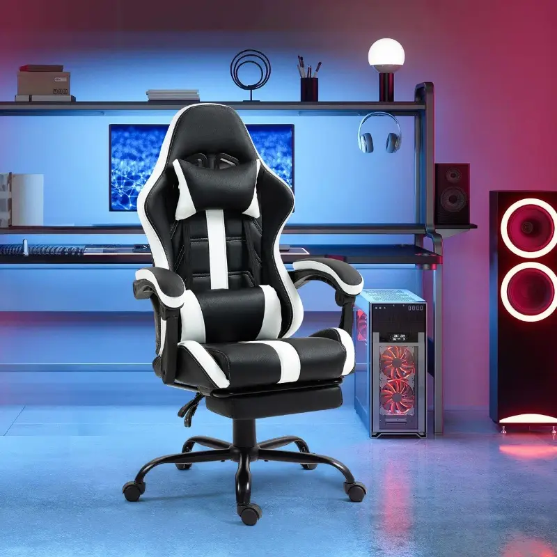 PU Leather Gaming Chair with Footrest, Ergonomic Computer Chair with Massage Lumbar Support
