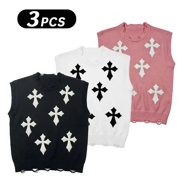 HYPESTFIT Men's Stylish Classic Crew Neck Terry Crosses Streetwear Vest - Sleeveless Knitted, Ripped Frayed Edge Distressed Hem, Baggy Casual Mens Clothing Top, Clothes, Embroidery,back to school,back to school shopping, Shorts, Oversize Loose Menswear