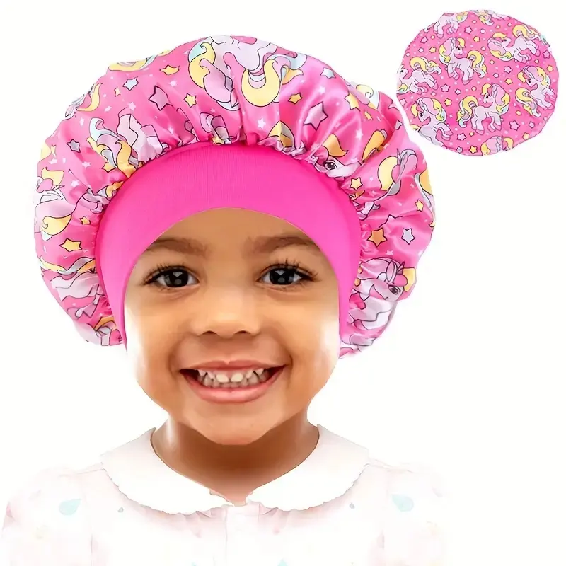 Cute Unicorn Cartoon Print Satin Sleep Cap, Soft Elastic Hair Protection, Baby Headband, Gift for Girls, Birthday & Daily Use, Hair Care Cap, Sleeping Bonnet