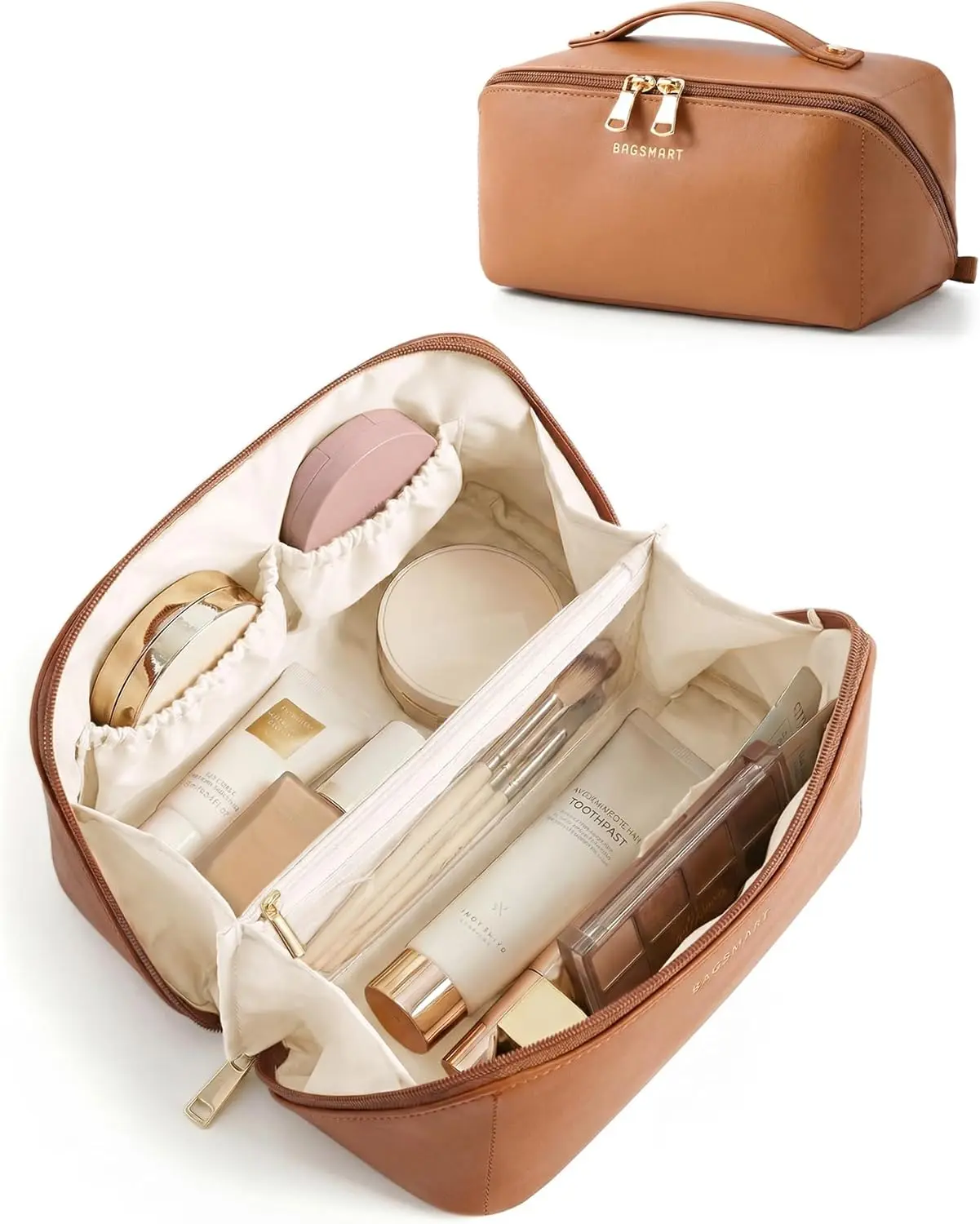 BAGSMART Makeup Bag Travel Cosmetic Bag,Women Toiletry Case, Classic Brown | Make Up Bag Flat Open Toiletry Bag for Women, PU Leather Travel Essentials Wide-open Skincare,Brushes Organizer Case Large