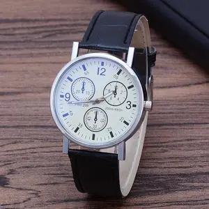 Men's Watch with Quartz Movement 38mm Dial 7.5mm Thickness Blue Glass Mirror Stainless Steel Buckle PU Strap